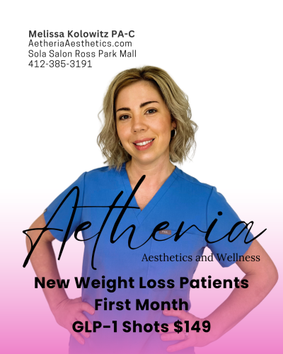 Confident woman wearing fitted clothing, looking empowered post-transformation. Text overlay: “GLP-1 Shots – First Month $149. Weight Loss Program at Aetheria.”