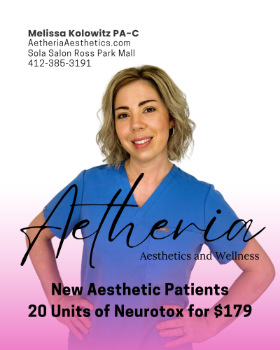 Smiling woman with smooth, glowing skin receiving a wrinkle relaxer treatment at Aetheria Med Spa. Text overlay: “20 Units of Neurotox for $179 – New Patients Only.”